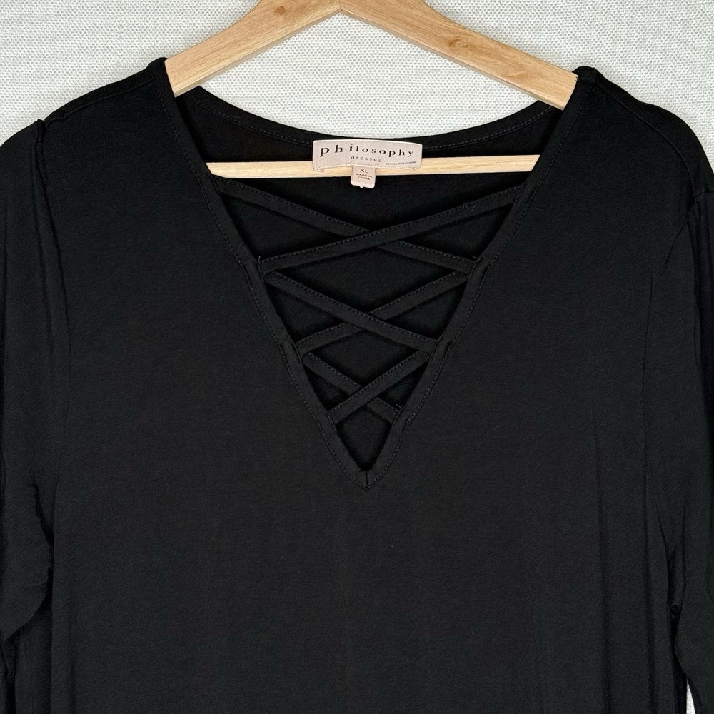 PHILOSOPHY Dress Womens XL Black Lace Up Boho Flowy Minimalist Knee/Midi Shift